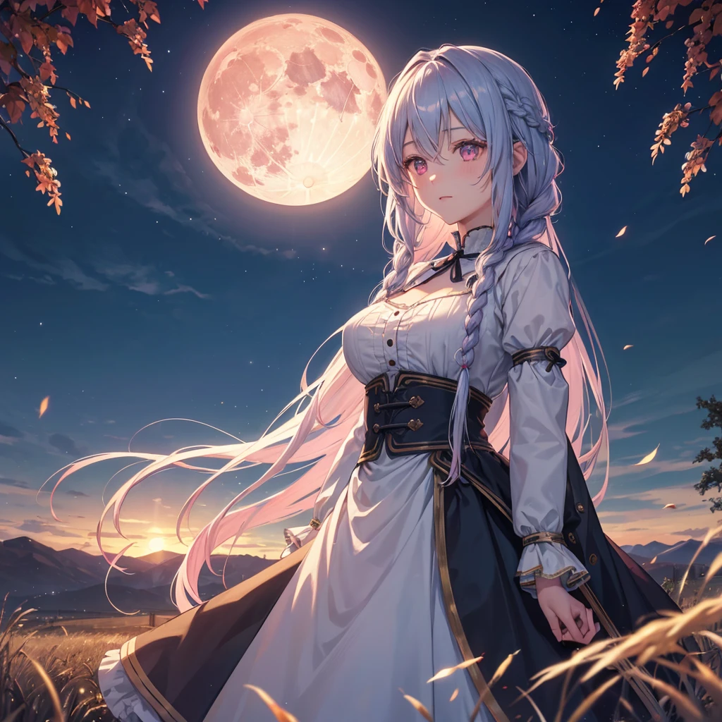 (Braiding),(Sky blue medium hair), (Pink eyes),(Fair skin)  ,(whole body),(One Girl),(harvest moon),(A large amount of Miscanthus sinensis in the background),autumn,(full moon),(masterpiece, Highest quality, Very detailed, Best Shadow), (Detailed Background), (Beautifully detailed face), High Contrast, (Best lighting, Very delicate and beautiful), ((Cinematic Light)), Hyper Detail,8k, Dramatic Light, Intricate details