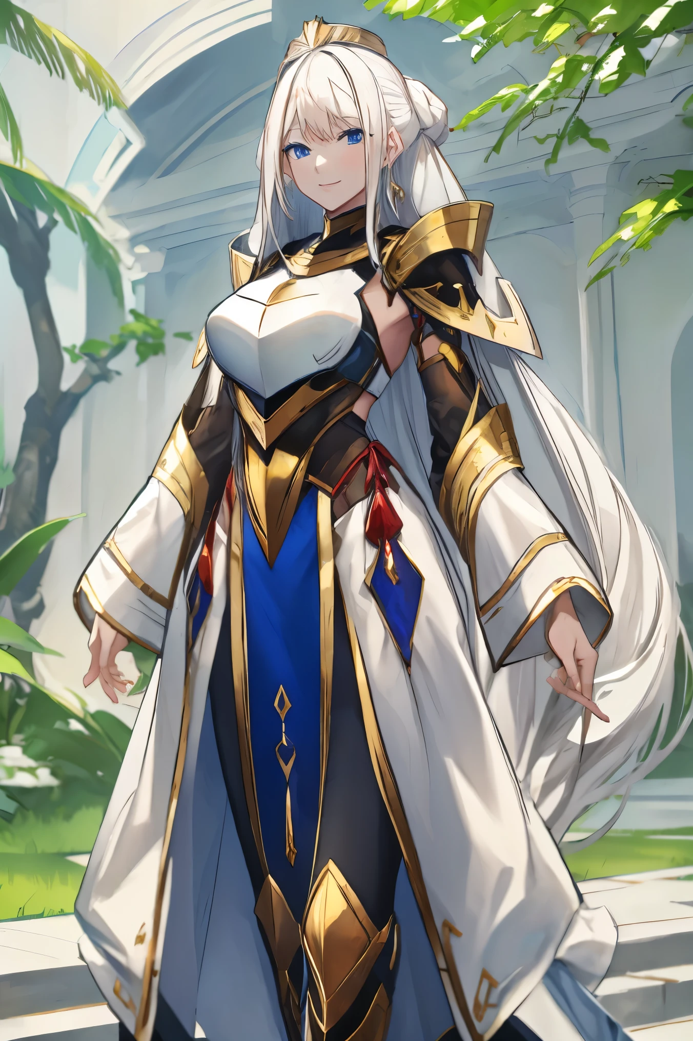 female, busty, hair pin, crown, smile, look at camera, ((white hair)), blue eyes, armor, ((long hair))