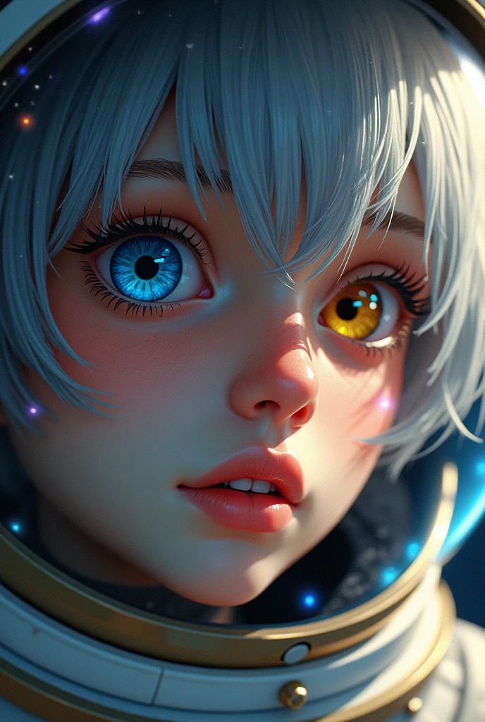 (Close-up of a better masterpiece:1.5)0.9], (Space and astronauts:1.2) (Messy silver hair:1.1) (Heterochromia xanthochromia and blue eyes:1.2) (Space Helmet:1.0) (Colored stars in the eyes:1.0) (A radiant glow:1.1) (thick lips:0.9)