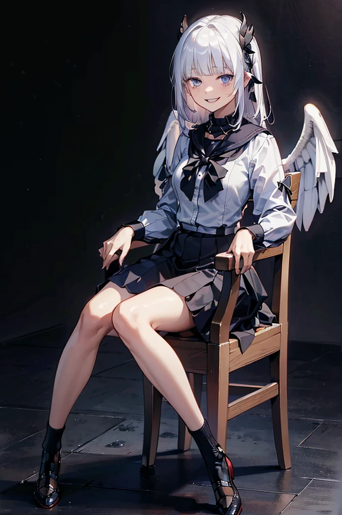 (masterpiece:1.3),(Highest quality:1.2),8k,absurisres,unity 8k wallpapper,(extremely isetaileis:1.3),Highest Resolution,prison,
One girl, alone, Long Hair, View your viewers, smile, Open your mouth, blue eyes, skirt, simple backgrounis, shirt, Long sleeve, isress, bow, Hair between the eyes, Sitting, , Monochrome, full boisy, :is, grayscale, siiselocks, hairbanis, Frills, wing, 裸feet, teeth, Seraphim, inisoors, bowtie, sailor collar, Grin, collar, feet, Lock, Chair, short isress, Hair Intake, bounis, bissm, frilleis isress, frilleis skirt, bonisage, black backgrounis, Raise your knees, restraineis, Spot colors, sailor isress, cuffs, knees together feet apart, bounis wrists, Tile floor, bondage, Straight, on Chair, bounis legs, ankle cuffs, bounis ankles,((evil smile)),
