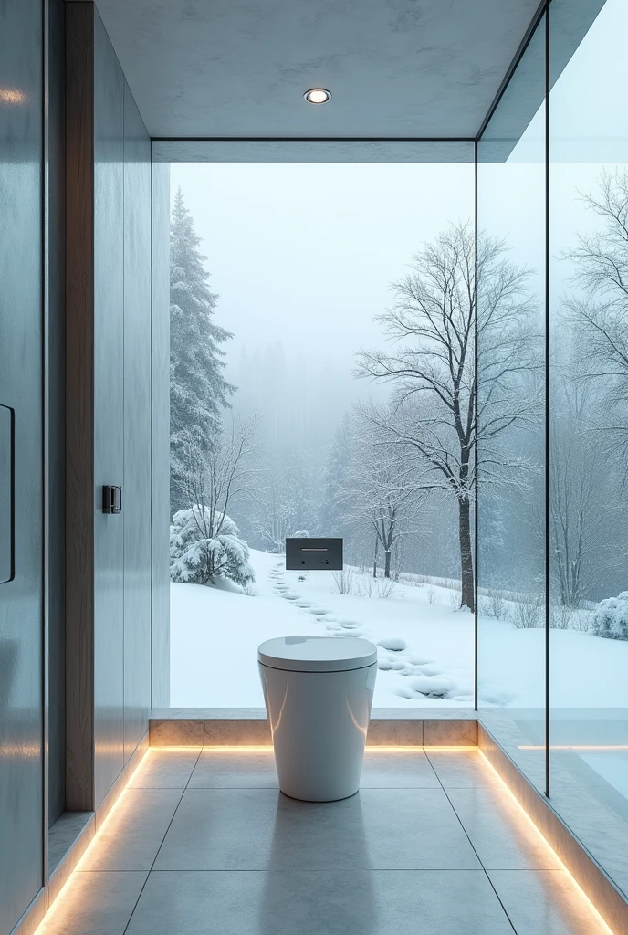 Beautiful toilet in glass house in the snow 
