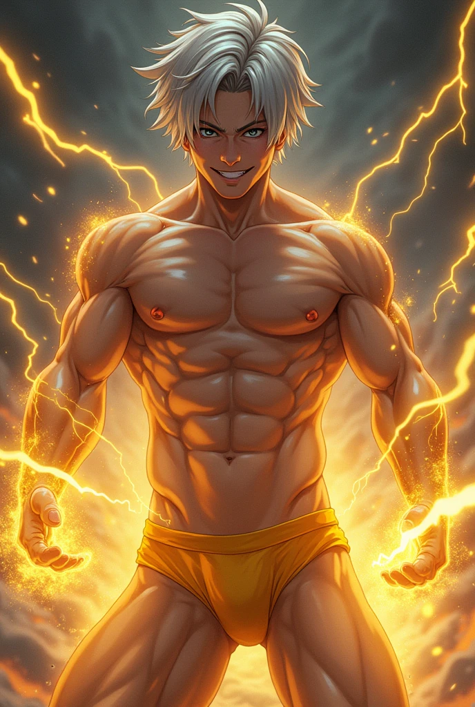 digital arts, Full body, an Asian guy with shirtless, yellow sexy undies, Thunder bolt on his palms, large expressive eyes, short silver hair, Thunder storm scene, exude the sense of raging, magical, super details, intricate, yellow light, angry, silver hair, seductive smile, cinematic lighting, cinematic lighting, anime style, super detail, retina, accurate, masterpiece, high quality, 4K, highres, textured skin, super detail, textured skin, super detail