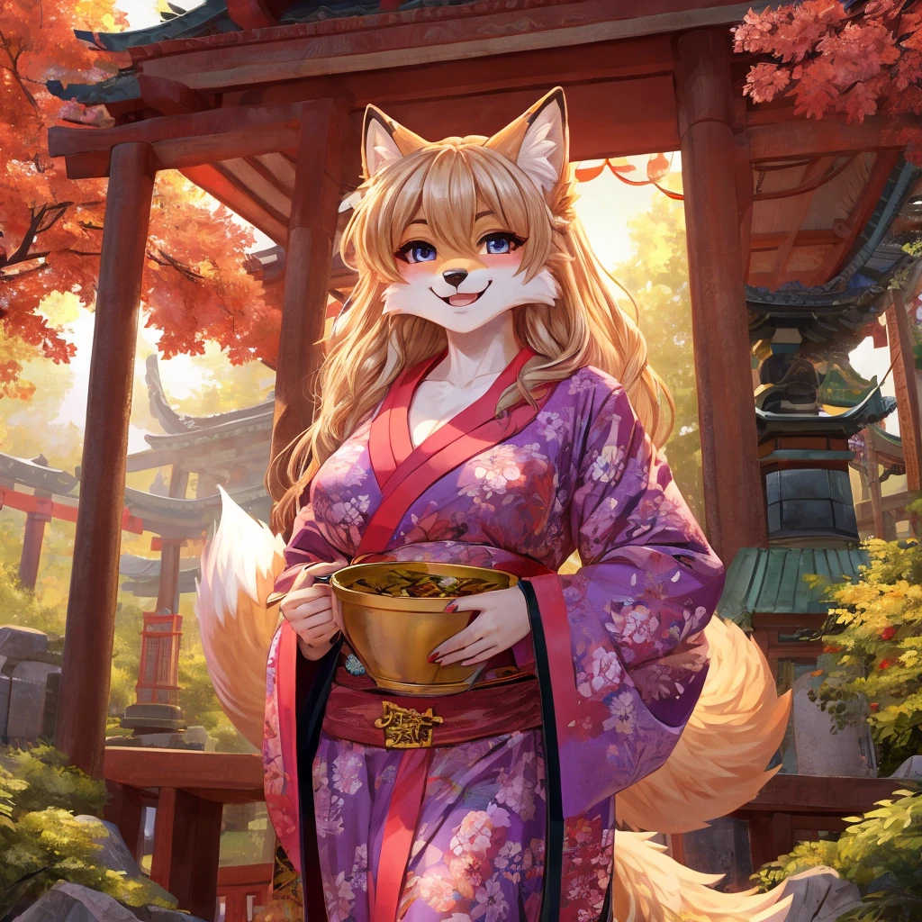 Ceroba，c-cup breasts，kimono，shrine，A warm smile，Fluffy fox tail，Eyes are loving