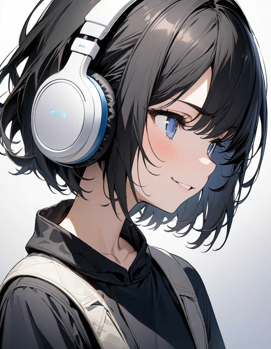 ((ultra-detailed))/one women, short black hair and bob hair.、beautiful blue eyes、smile、gentle smile on her face、flat chest, one Beautiful girl,((masterpiece, illustration, best quality) ((ultra-detailed))/solid white background,blank background, while wearing wireless white headphones, full upper body