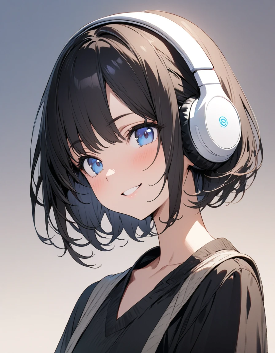 ((ultra-detailed))/one women, short black hair and bob hair.、beautiful blue eyes、smile、gentle smile on her face、flat chest, one Beautiful girl,((masterpiece, illustration, best quality) ((ultra-detailed))/solid white background,blank background, while wearing wireless white headphones, full upper body