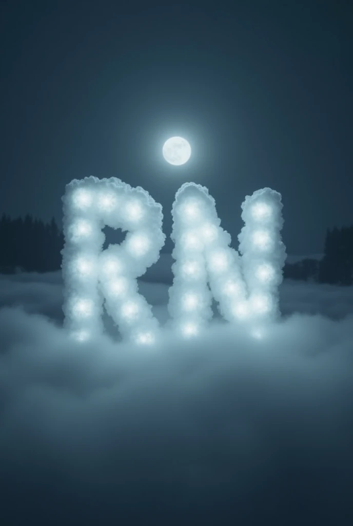 In the center of the image (1200 x 628 pixels), Large initials &#39;RN&#39; are formed from white fluffy clouds, dimly lit by moonlight. The lyrics have a soft, ethereal quality., merging with the surrounding environment. The scene is shrouded in a thick night fog that creates a mysterious and dreamlike atmosphere.. The fog gently envelops the cloud letters, intensifying the surreal feeling of the image. The color palette is nocturnal, with shades of white, gray, dark blue and black, which adds a sense of tranquility and dreaminess to the nighttime atmosphere.
