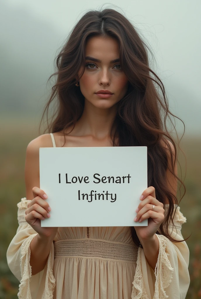 Beautiful girl with wavy long hair, bohemian dress, holding a white board with text "I Love Seaart Infinity" and showing it to the viewer