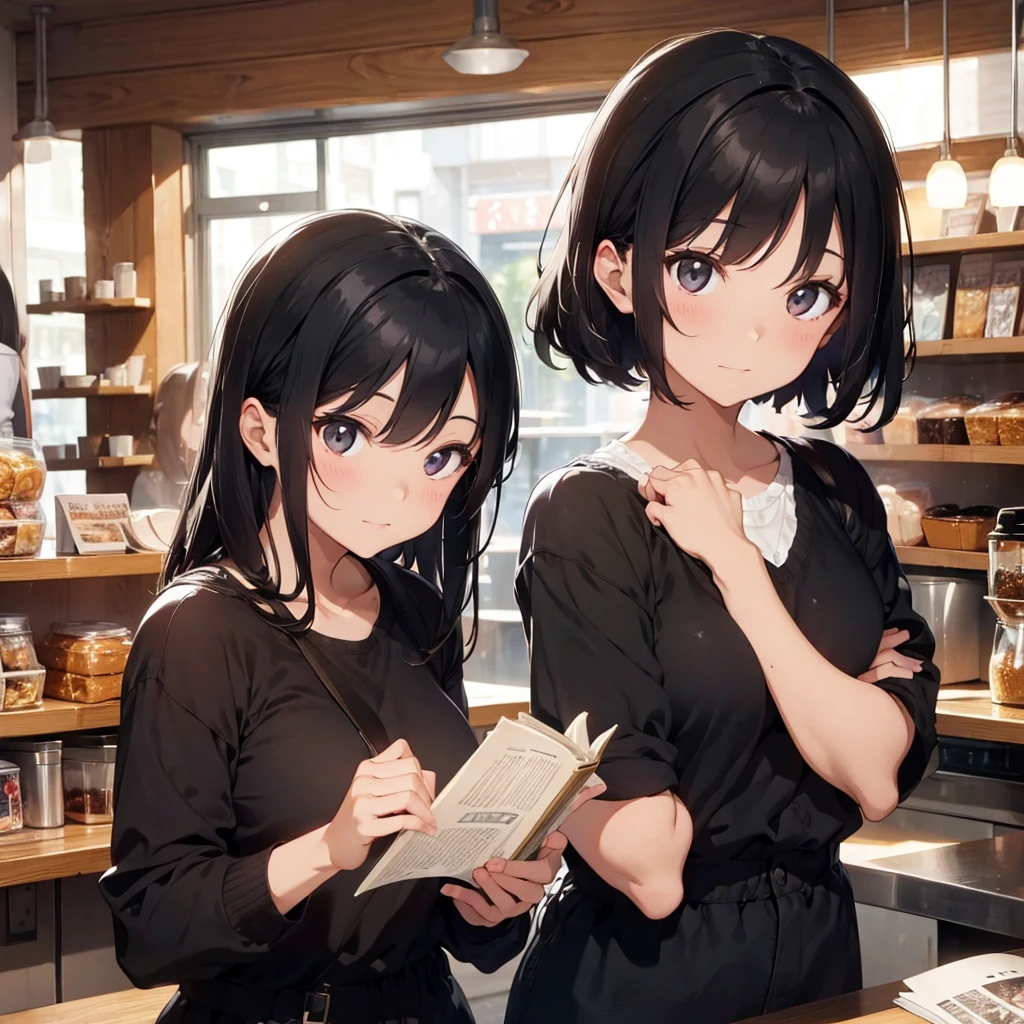 
A black-haired woman reading a book in a café