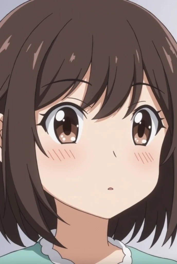 Screenshot of spyxfamily creates a girl with medium-short, semi-wavy dark brown hair without a quiff to the shoulders with only the face and round earrings