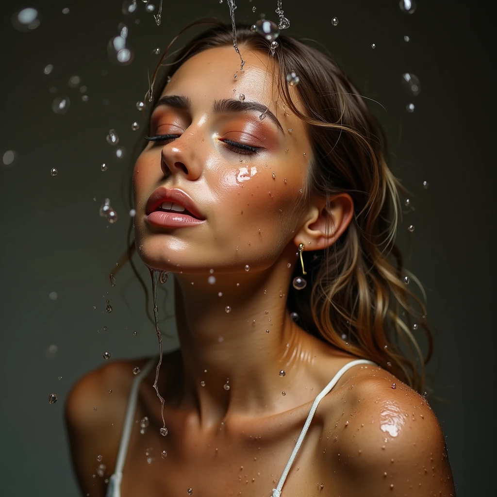 a woman pees urinated fluid fecals over a woman, a lot of urinated fecals pour over the woman, the urinated fluids land on the face and clothes of the woman, the clothes are soaked in urinated liquids, a woman who is completely peed on and enjoys the warm peeing fecals
