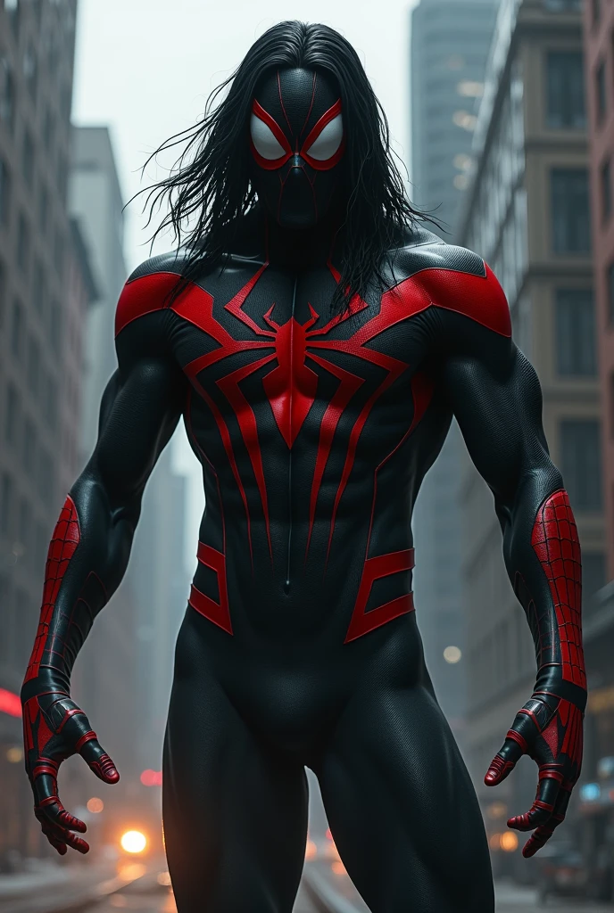 Male Spiderman with a black and red costume and long, black hair on the mask.