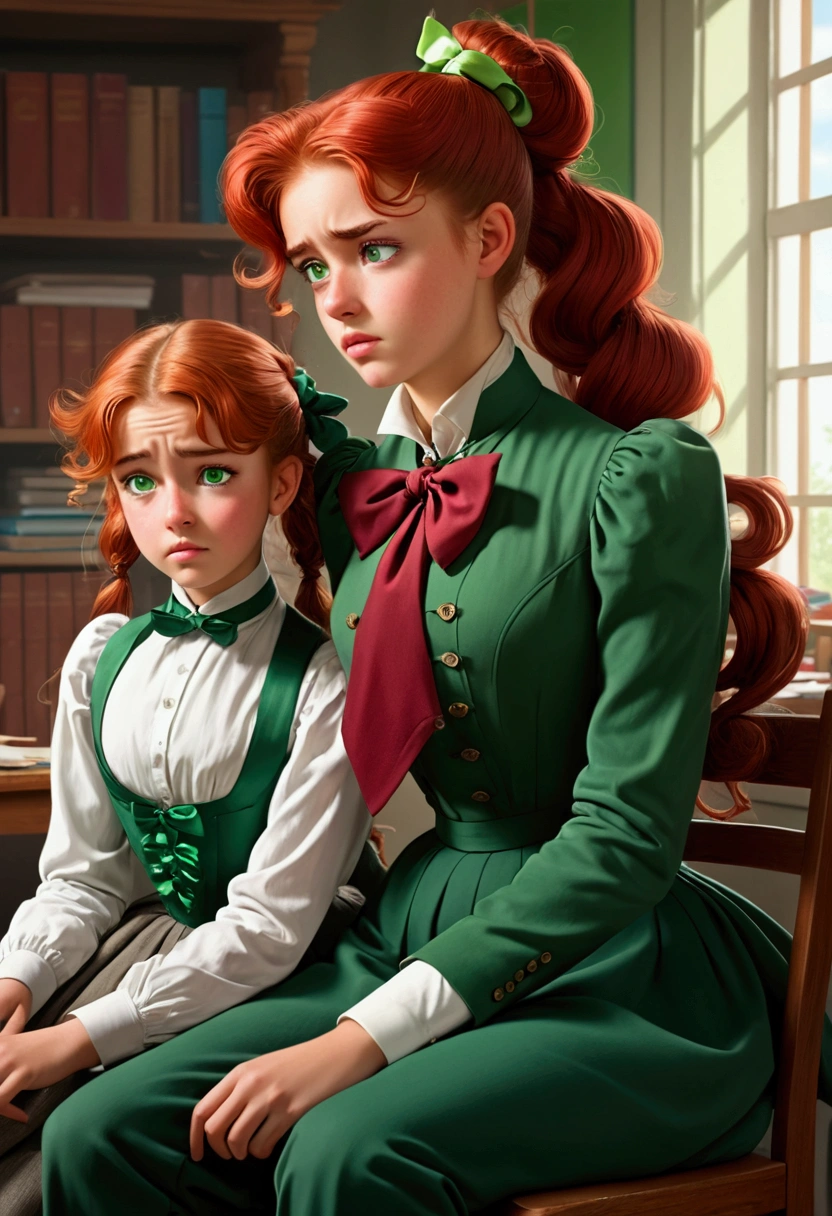 2d, masterpiece, best quality, cartoon, highly detailed, 1girl, 1man, pretty **** teenage Gibson Girl, green eyes, very long red hair, ponytail, 1900_dr3ss, high-collar long sleeve shirtwaist, ribbon tie, aged 69yo gentleman, horny man, classroom, 4k, 8k, best quality, masterpiece, hyper detailed, intricate detail, 1boy, 1 girl,  detailed, ++, detailed green eyes ++,  raytracing, perfect shadow, highres, hyper detailed, highlighting her playful nature. girl using a man as a chair, sitting on a man, girl sitting on someone, sitting on a man, using a man as a chair, girl feeling disgusted, man feeling aroused.