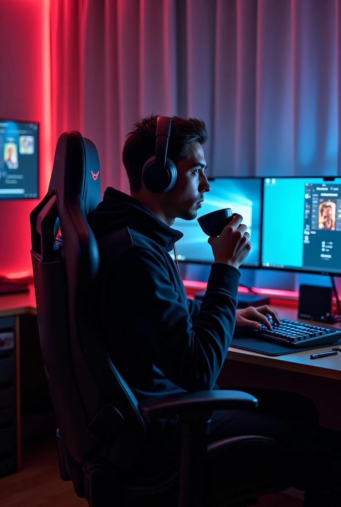 cr7 trading on pc sitting in a gaming chair drinking tea