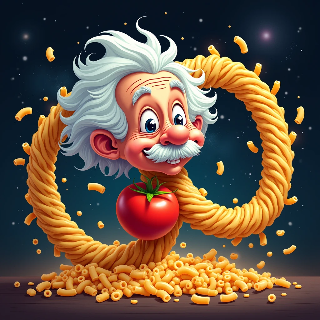 deformed cartoon style, Einstein, tomato, cheese, macaroni pasta, emerging from the infinity symbol, background galaxy