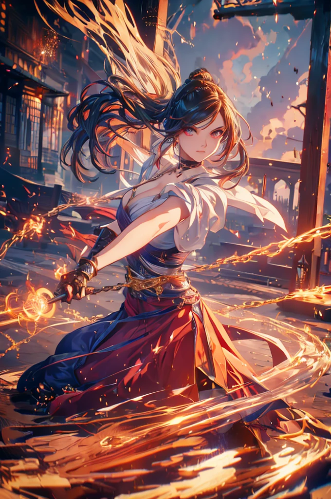 a woman fighting a man, woman using pyromancy and a rapier, man using chain magic, dramatic action scene, cinematic lighting, highly detailed, photorealistic, 8k, best quality, intricate details, intense combat, powerful magic effects, dynamic poses, facial expressions, muscular physique, flowing hair, dramatic shadows, glowing embers, crackling energy, coiling chains, stunning realism, anime
