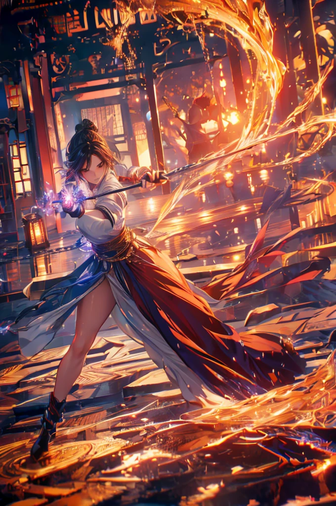 a woman fighting a man, woman using pyromancy and a rapier, man using chain magic, dramatic action scene, cinematic lighting, highly detailed, photorealistic, 8k, best quality, intricate details, intense combat, powerful magic effects, dynamic poses, facial expressions, muscular physique, flowing hair, dramatic shadows, glowing embers, crackling energy, coiling chains, stunning realism, anime