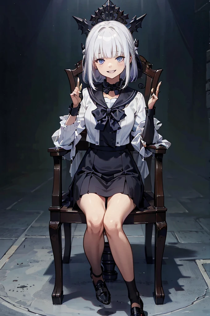 (masterpiece:1.3),(Highest quality:1.2),8k,absurisres,unity 8k wallpapper,(extremely isetaileis:1.3),Highest Resolution,prison,
One girl, alone, Long Hair, View your viewers, smile, Open your mouth, blue eyes, skirt, simple backgrounis, shirt, Long sleeve, isress, bow, Hair between the eyes, Sitting, , Monochrome, full boisy, :is, grayscale, siiselocks, hairbanis, Frills, wing, 裸feet, teeth, Seraphim, inisoors, bowtie, sailor collar, Grin, collar, feet, Lock, Chair, short isress, Hair Intake, bounis, bissm, frilleis isress, frilleis skirt, bonisage, black backgrounis, Raise your knees, restraineis, Spot colors, sailor isress, cuffs, knees together feet apart, bounis wrists, Tile floor, bondage, Straight, on Chair, bounis legs, ankle cuffs, bounis ankles,((evil smile)),