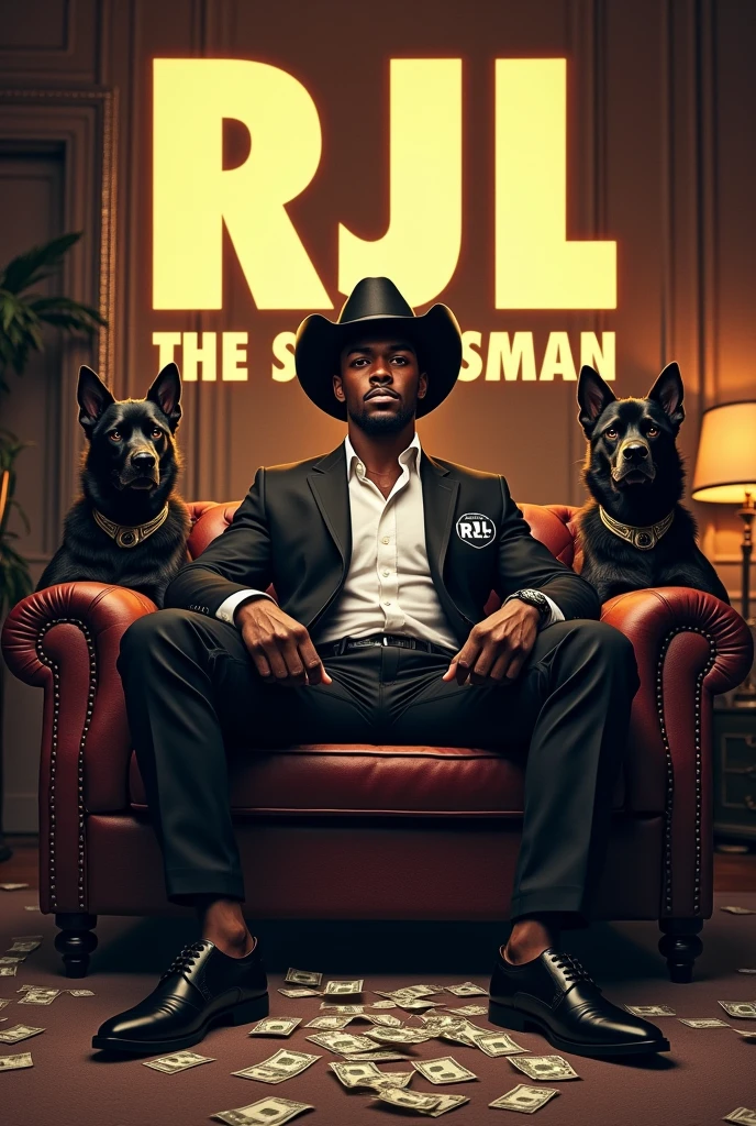 Serious beautiful young brownish black male wearing black suites, wearing white button shirt,black slatter shoes,and wearing black cowboy cap sitting on a couch inside a building surrounded by all kinds of weapons and 2 angry k9 dogs.
ALSO, show this name (RJL The Statesman ) on the background in huge font up above the man's head with money flowing on the floor
Also put RJL the Statesman tag on his suits
