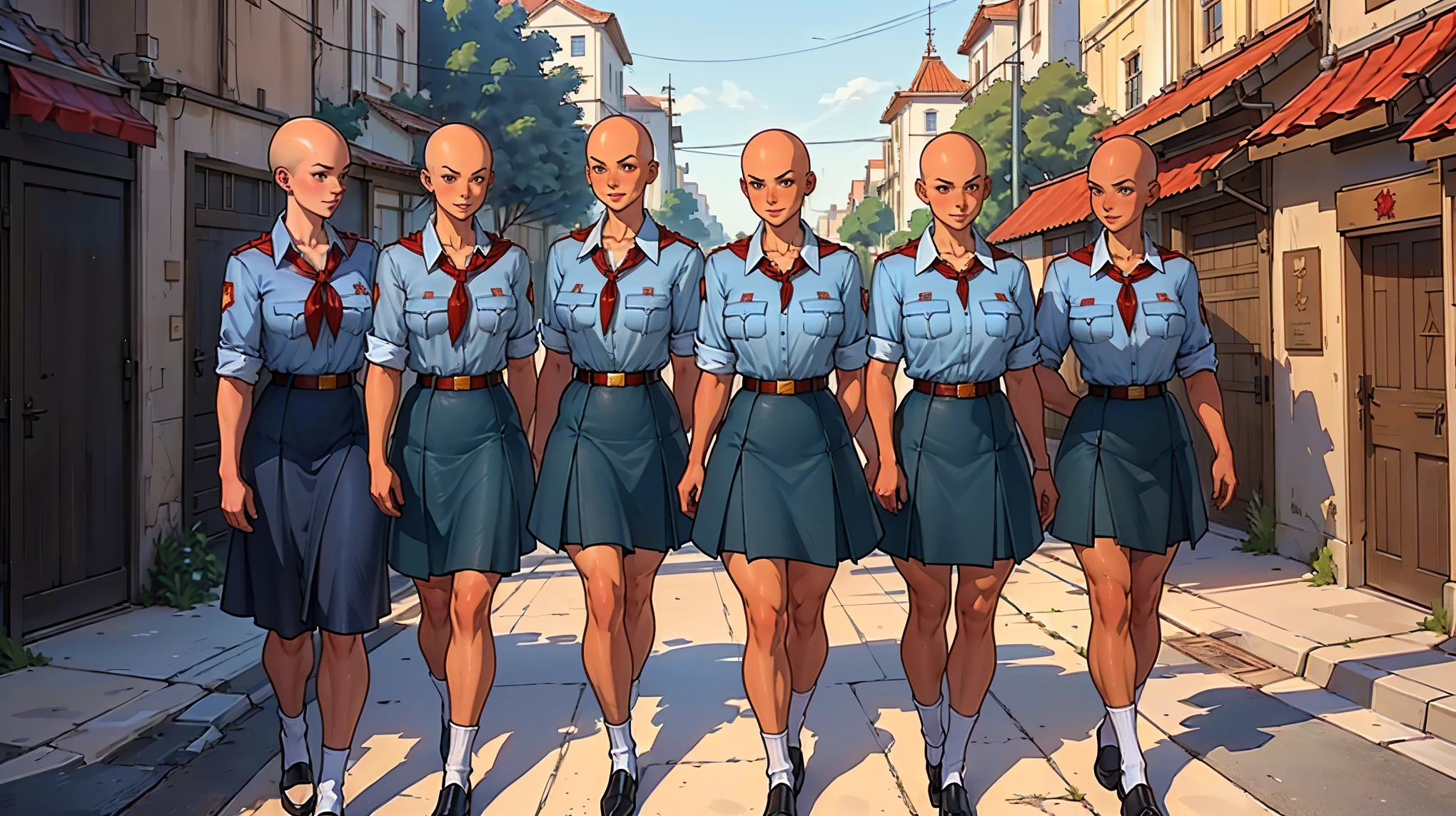 group of beautiful young bald soviet female pioneers wearing blue button down shirt standing straight near the monument, ((bald)), smile, busty, light blue button down shirt, red neckerchief, ((collarbone)), (unbuttoned cuffs), dark skirt, bright street, red flags, detailed, asura, highly detailed shading
