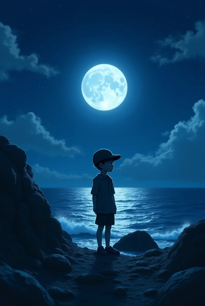 A boy wearing a newsboy cap is standing on a rocky area with the moon shining on the horizon of the sea at night