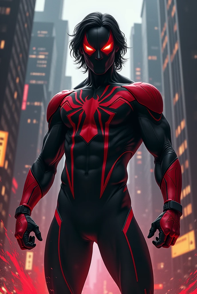 Male Spiderman with a black and red costume and medium-long, black hair on the mask.