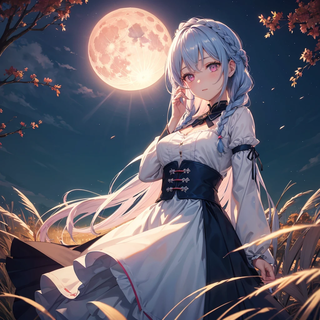 (Braiding),(Sky blue medium hair), (Pink eyes),(Fair skin)  ,(whole body),(One Girl),(harvest moon),(A large amount of Miscanthus sinensis in the background),autumn,(full moon),(masterpiece, Highest quality, Very detailed, Best Shadow), (Detailed Background), (Beautifully detailed face), High Contrast, (Best lighting, Very delicate and beautiful), ((Cinematic Light)), Hyper Detail,8k, Dramatic Light, Intricate details