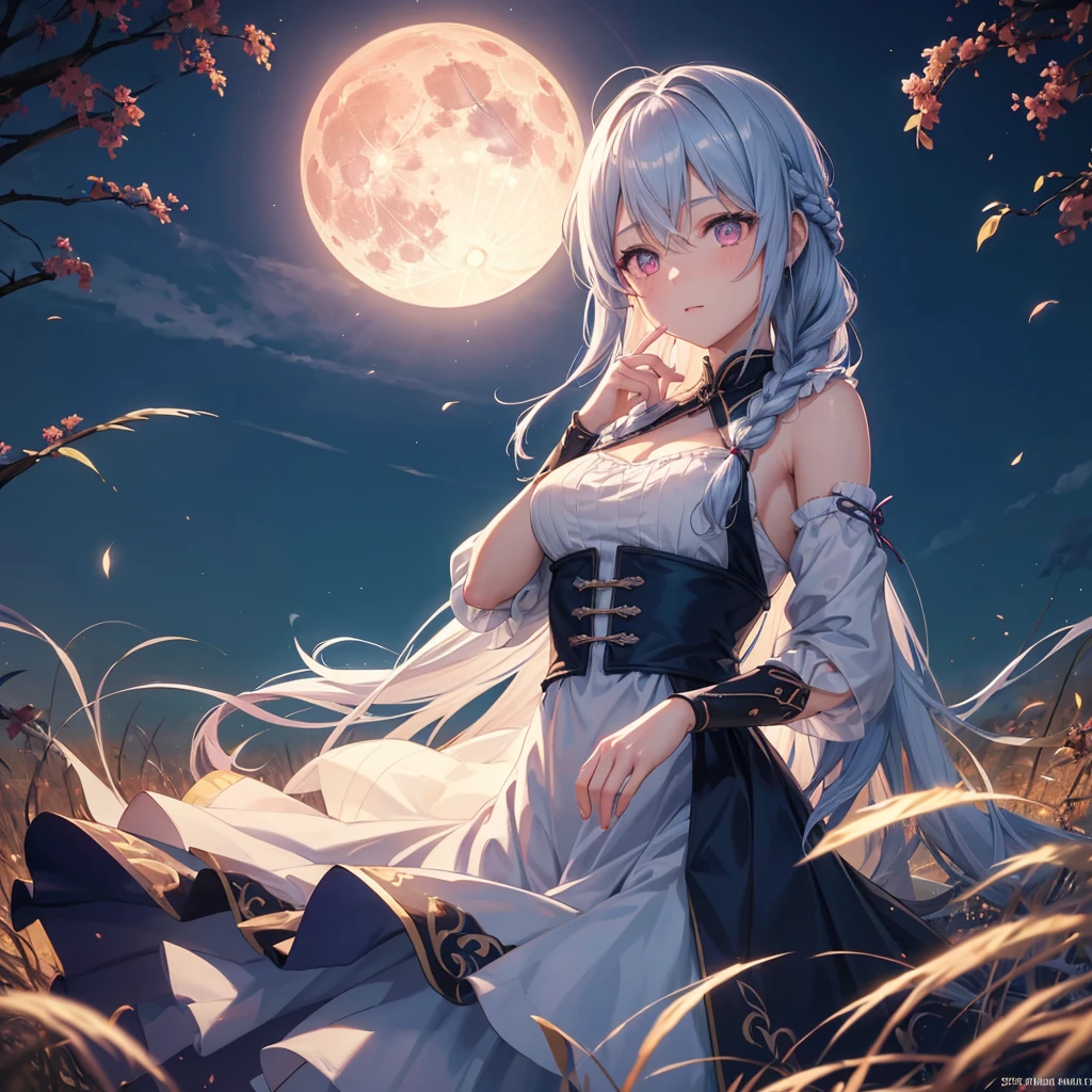 (Braiding),(Sky blue medium hair), (Pink eyes),(Fair skin) ,(whole body),(One Girl),(harvest moon),(A large amount of Miscanthus sinensis in the background),autumn,(full moon),(masterpiece, Highest quality, Very detailed, Best Shadow), (Detailed Background), (Beautifully detailed face), High Contrast, (Best lighting, Very delicate and beautiful), ((Cinematic Light)), Hyper Detail,8k, Dramatic Light, Intricate details