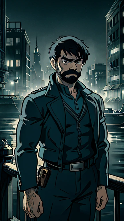 (1man, captain_haddock), (extremely detailed CG unit 8k wallpaper),(master part), (best quality), (ultra detail), (best illustration),(ghibli style), cowboy shot, (Sharp eyeliner, ombre, detail eyes:1), dark city, outdoors, ,break , (mad-sincity), upper body,1940s, noir, night, 