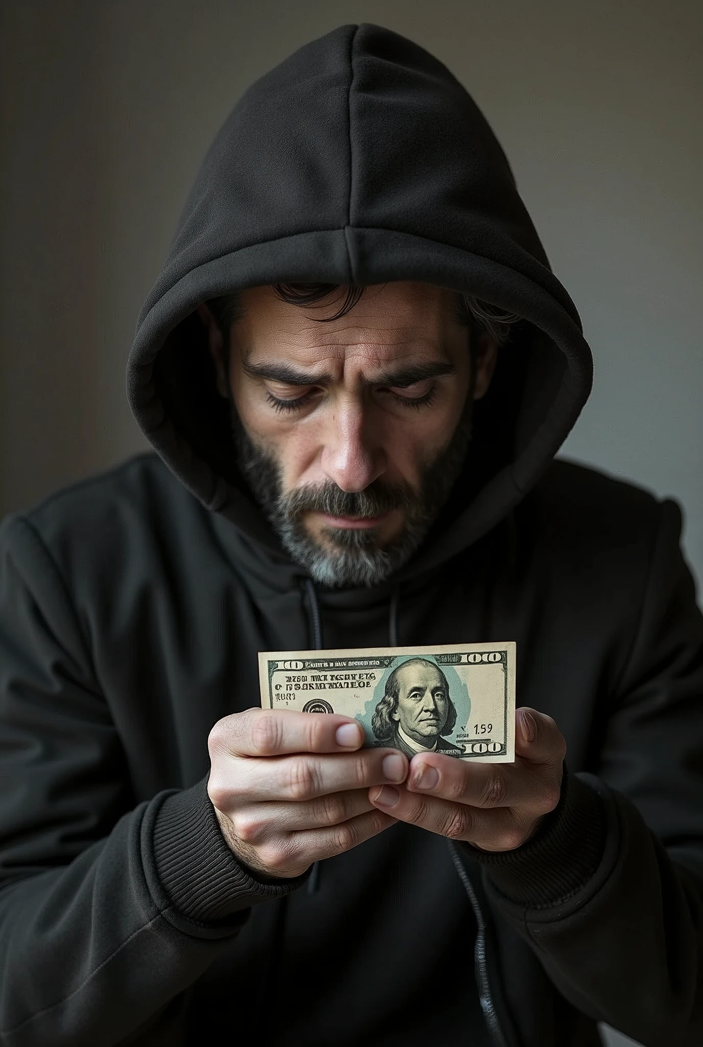 Sad man without money