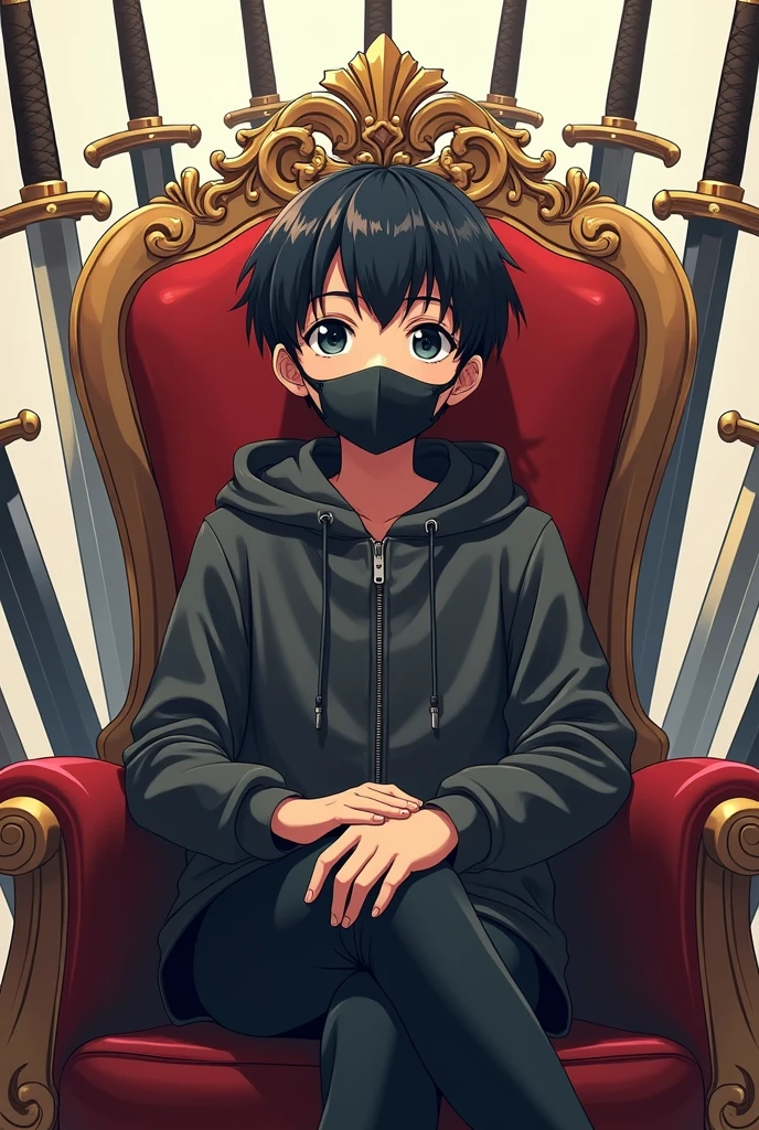 Anime boy with full face
mask sitting on expensive chair background with sward and spears