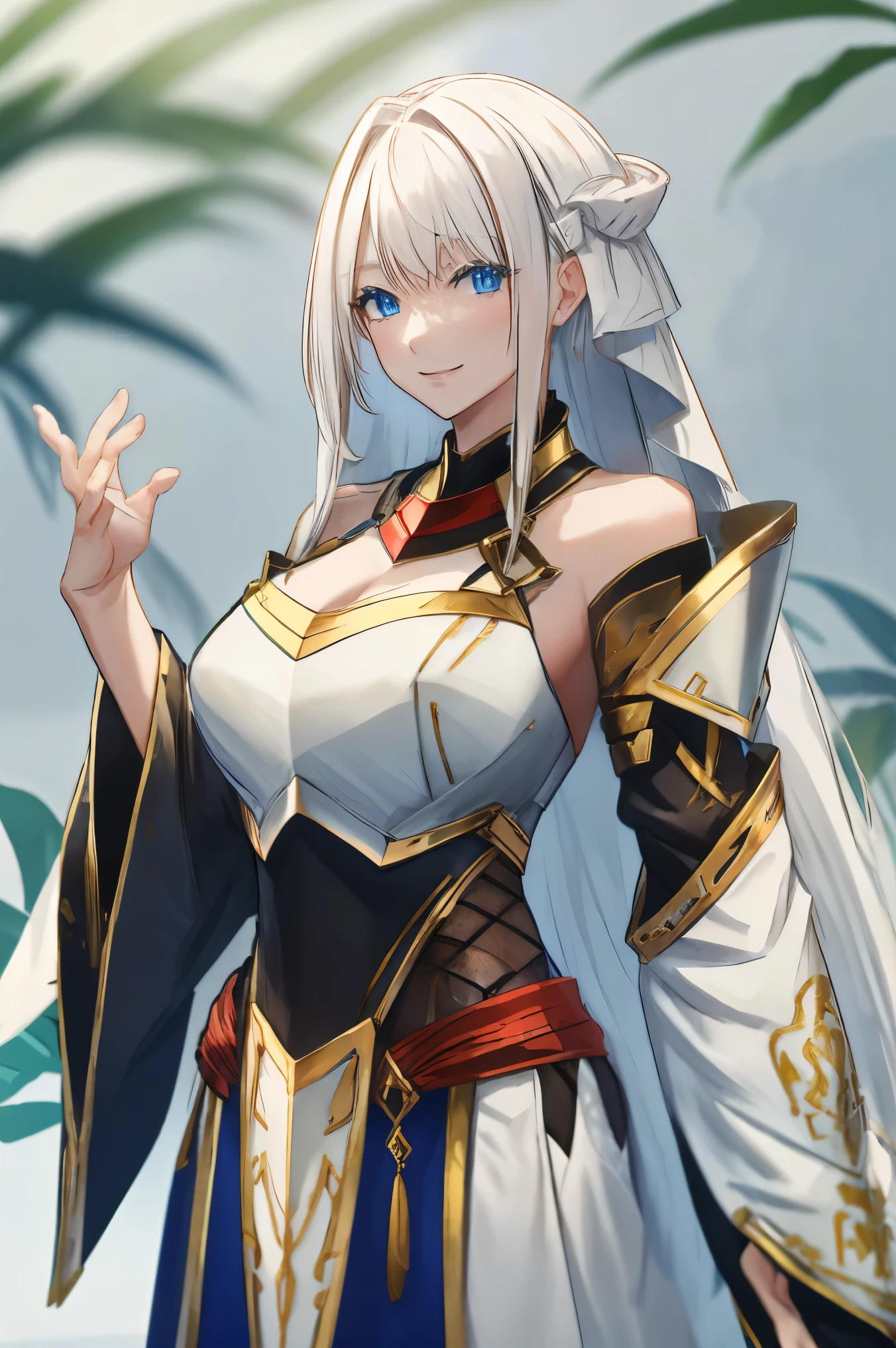 female, busty, hair pin, cleavage, smile, look at camera, ((white hair)), blue eyes, armor, ((long hair))