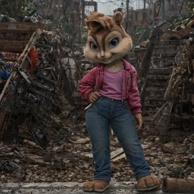 score_9, score_8_up, score_7, score_6, detailed background, brittany miller, chipmunk, furry, short ears, black leather jacket, jeans, light pink shirt, looking at viewer , 6 inches tall,