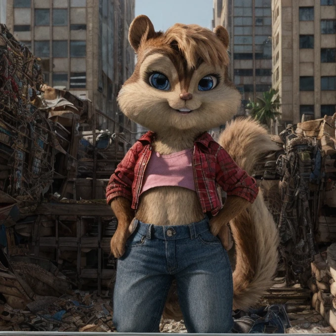 score_9, score_8_up, score_7, score_6, detailed background, brittany miller, chipmunk, furry, short ears, black leather jacket, jeans, light pink shirt, looking at viewer , 6 inches tall,