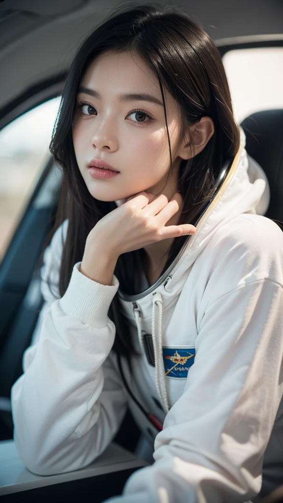 female astronaut j0rd7nj0n3s  in space, beautiful face, realistic photo, (portrait), [smoke], [haze], natural lighting, shallow depth of field, photographed on a Canon EOS-1D X Mark III, 50mm lens, F/2.8, (intricately detailed, hyperdetailed), ((RAW color)), sharp focus, HDR, 4k resolution, Cinematic film
