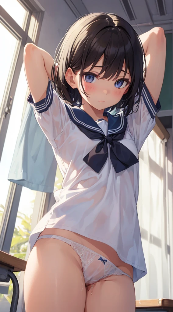 nsfw,alone, (One girl), Elementary school girl,8-year-old, ((White panties)), (wearing only the top half of sailor school uniform),sexy, (Cowboy Shot),  ((Put your arms behind your head)), classroom, With a girl：hair is black and short, Her face is round and cute, Black Hair, short hair, (Are standing),(Shy, Embarrassing),from below,from the front,(pussy juice),