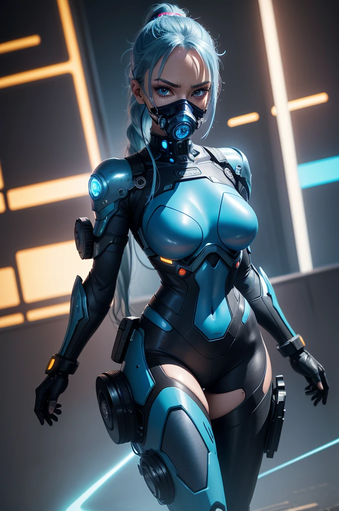 Woman body defined thick thighs cybernetic body parts, short underwear, cyborg warrior girl flat horizon photo, Girl android ,dynamic pose, she moves forward, she has long light blue hair, hair tied up in a ponytail, she has a mask on her face, a respirator, a woman with sexy hips, incredibly beautiful blue eyes and a gas mask on her face, half cyborg, technological modifications. Cool girl, Beautiful face, pretty face, look at the camera, blue metal cybernetic android robot body, Large, wide hips, suit with blue indicator lines with many blue details, blue colour corset, blue glowing lines on clothing details, realistic face with detailed elaboration, long eyelashes and expressive blue eyes, Beautiful sexy girl with long blue hair, cyborg robot, prosthetic arm, looking at me full length, cyberpunk, short shorts, sexy thighs, blue eyes, anime style, cybernetic armor with a blue glow from under the joints and joints, she has blue eyes , frame with a flat horizon, Anime Style design, blue Lasers, blue smoke fountain on background Cyberpunk style, high image detail, 4k quality, the camera films Her from below, lower angle of photography, black background image of a night black city and blue neon lights, blue lamps, blue lighting, blue flashes IN THE BACKGROUND are the blue lights