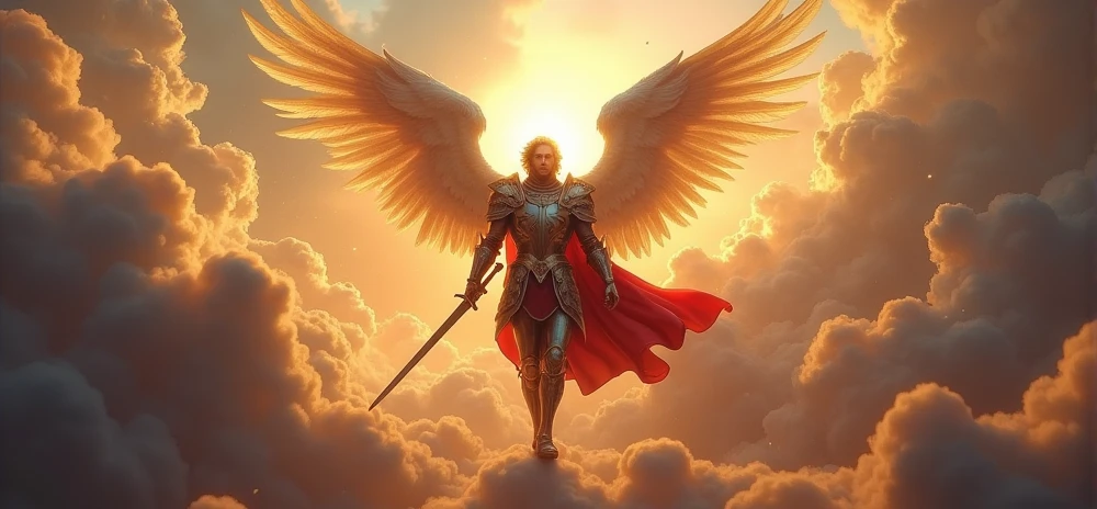 representation of St. Michael, the Archangel, dressed in armor very, distant and centered in the middle with many clouds behind, sword in hand, defensive position, bright face, mighty, very bright colors, light particles, with bright light, Wallpaper Art, UHD Wallpaper
