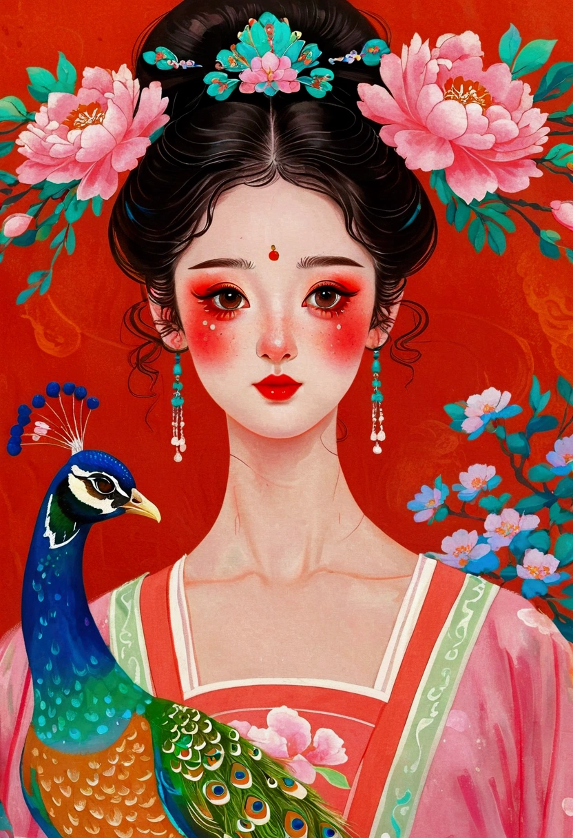 The painting shows a woman with a peacock and flowers in her hair, A beautiful artistic illustration, palace ， Girl wearing Hanfu, Beautiful digital illustrations, Korean Art Nouveau Anime, Beautiful character painting, Beautiful digital illustrations, Popular trends on artstration, Ancient Chinese Art Style, guweiz style artwork, Beautiful art UHD 4K, Lovely and detailed digital art