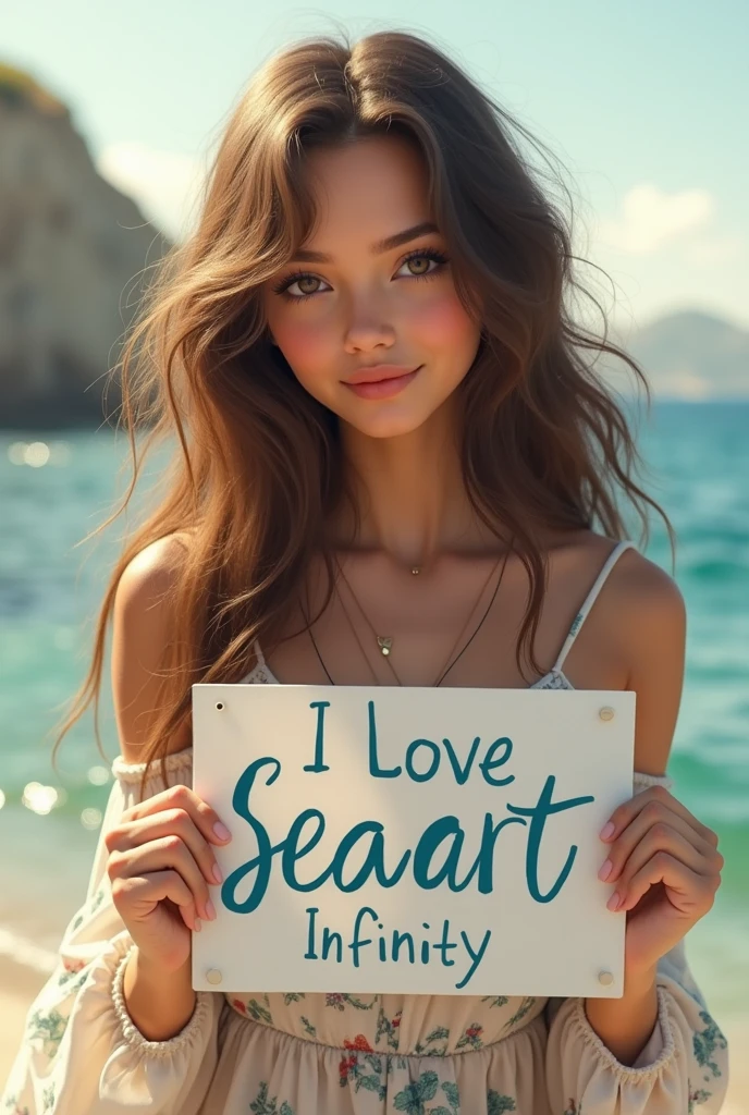 Beautiful girl with wavy long hair, bohemian dress, holding a white board with text "I Love Seaart Infinity" and showing it to the viewer