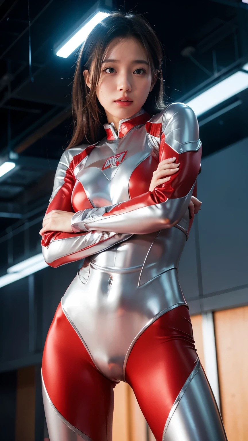 Ultraman、realistic、realistic、cinematic lighting, Girl in a shiny red and silver suit、、professional photos、Don'Do not expose your skin, japanese model, japanese cgi、Ultraman Suit、, Power Rangers Suit、tight and thin cyber suit,Whole body rubbery、There's pink There、 delicate body, big breasts、small ass、thin thighs、thin arms、thin waist、camel toe、Both sides of the cyber suit stick to the skin、Big eyes、black short hair、facing the front、facing the front立っている、A glowing sphere is embedded in the chest.、Essay Examination、 blue sky background