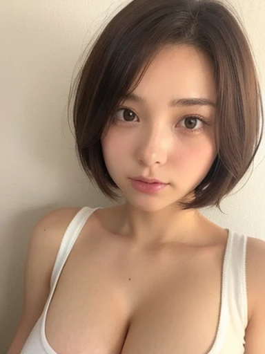White wall、Brown tops、16 year old female、Medium Short Hair、Round face、Big Breasts