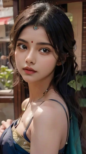 A woman in a colorful Indian sari, detailed facial features, beautiful detailed eyes, beautiful detailed lips, extremely detailed face, long eyelashes, western style clothing, realistic, photorealistic, 8k, high quality, ultra-detailed, masterpiece, vibrant colors, dramatic lighting, cinematic, dramatic, epic