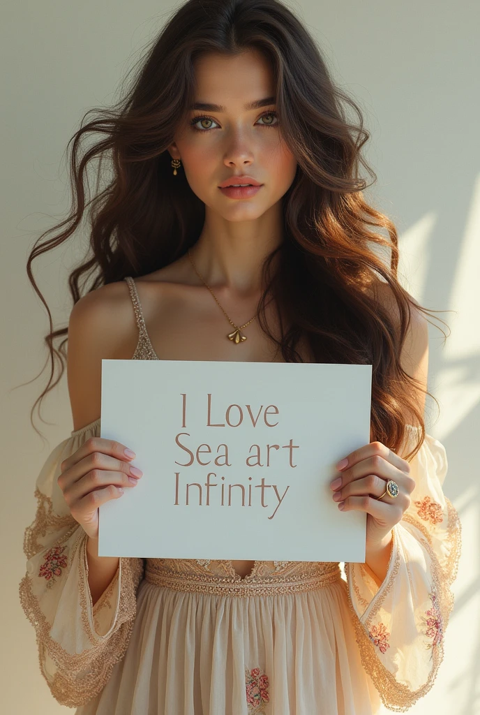Beautiful girl with wavy long hair, bohemian dress, holding a white board with text "I Love Seaart Infinity" and showing it to the viewer