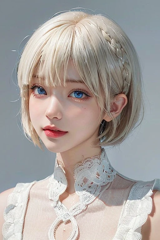 /imagine: Digital illustration of a young woman in her twenties。((face:
Sharp jaw、Thin eyebrows、整ったface立ち
クールな印象を与える切れ長の目
目:
Blue Eyes、Cold eyes with subtle highlights:
Short Bob、Her bangs are cut diagonally and her hair is platinum blonde.:
Light Skin Tone、Smooth and healthy looking skin:
Neutral or slightly smiling))。Simple white background、Highlight her features。The style is photorealistic、The texture of the skin and the fine details of the hair are depicted with great detail.。The image is in portrait format、Composition suitable for SNS profile picture。