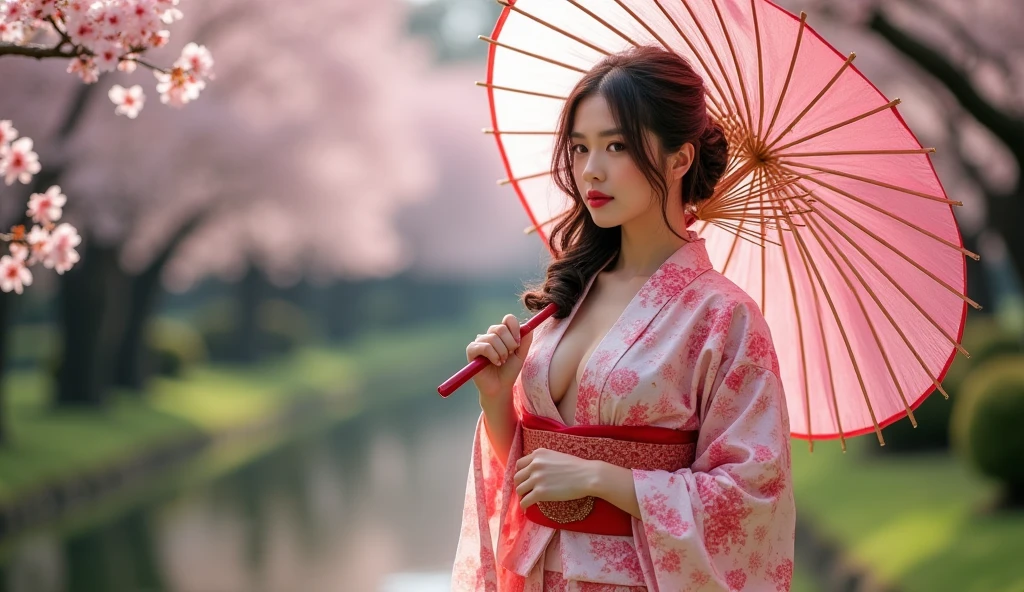 beautiful japanese woman with big breasts in revealing kimono sakura garden bare legs umbrella