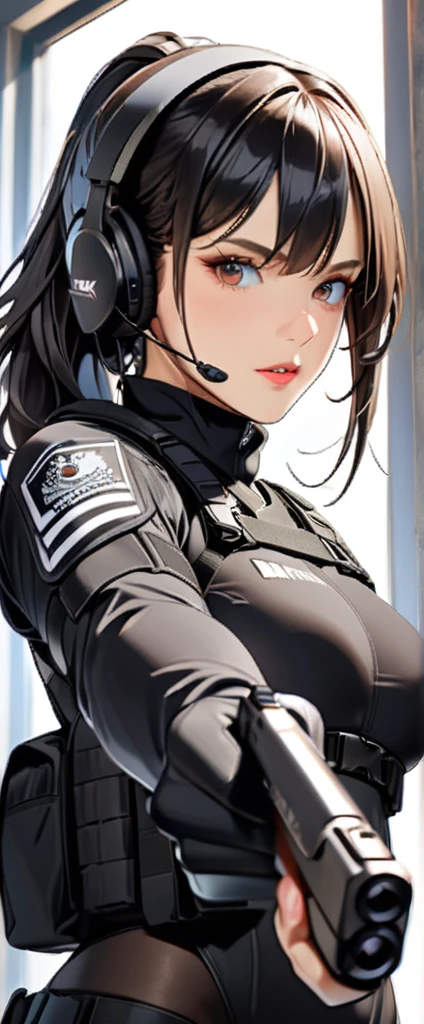 (masterpiece:1.2,Highest quality,Highest quality,Very detailed:1.2),8k,wallpaper,(One Woman),(Future female SWAT team member),(((pointing pistol:1.6))),(Extremely form fitting black tactical bodysuit),(Tactical Headset),(Tactical Holster),(Tactical Gloves),BREAK(Serious),(ponytail),(Black Hair),(Beautiful Face),(Beautiful Eyes),(Beautiful Eyes),(Very detailedな顔),(Very detailed female hand),(muscular),(sexly),(Big Breasts),(Thick thighs),(Beautiful body),(The background is the neon streets of a future city:1.6),(cyber punk:1.6),(((Hand,detailed,perfect,perfection,hands))),(Beautiful female hands),(Accurate hand drawing)
