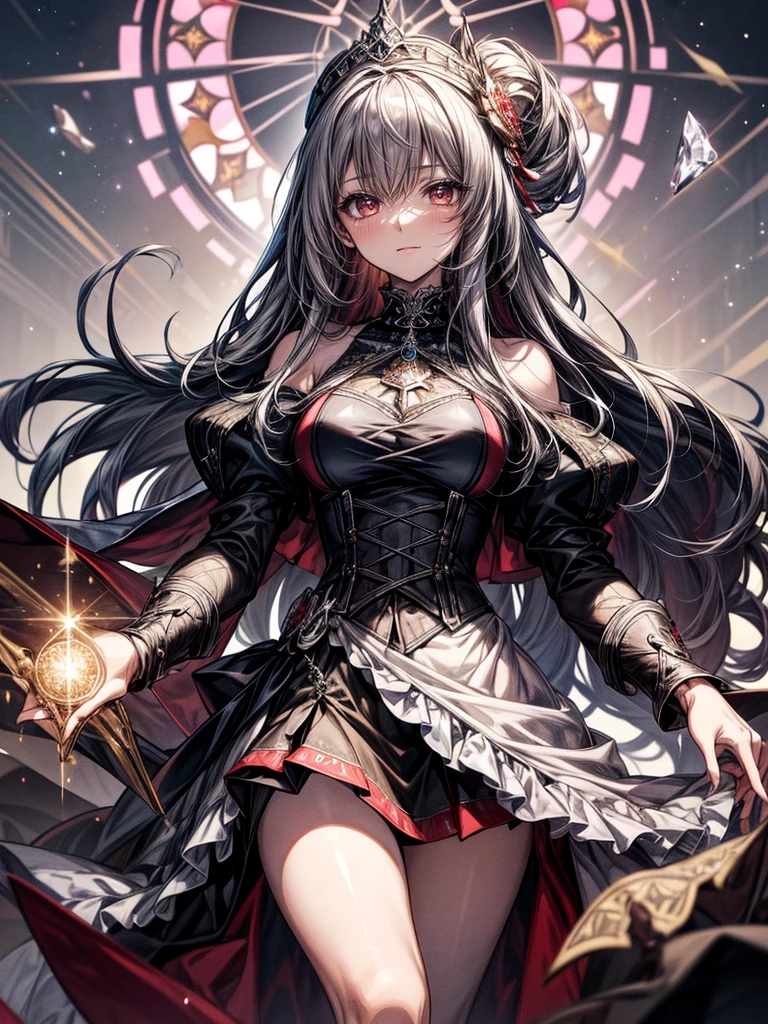 Great illustrations,Super detailed,High resolution,From below,Cool Beauty,Glamour Women, Cute pose,Gothic_dress,赤い刺繡のアクセントのあるdress,Silver_Shiny long hair, Queen, world, Crystal Flower,Sparkling stained glass like a kaleidoscope,Majestic cathedral,Layered skirt with details, Detailed embroidery, Very layered ruffles, Detailed Texture,Magic Circle of the Sky,装飾されたSilverの大剣,