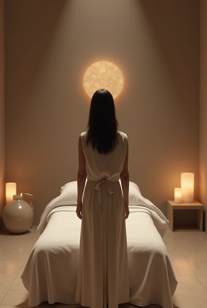A girl stands in front of a massage session, spa, massage room, minimalism, unreal engine, 8k, gray and beige tone, dark colors, fantasy, concept art, realism, airy, detailed, cinematic