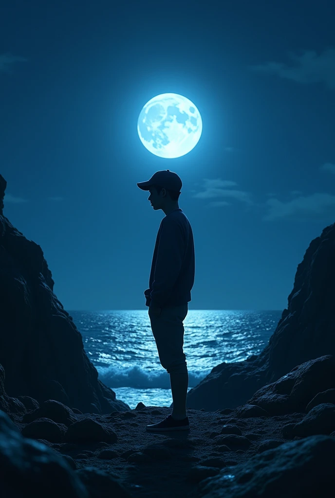 A young man wearing a newsboy cap is standing on a rocky area with the moon shining on the horizon of the sea at night