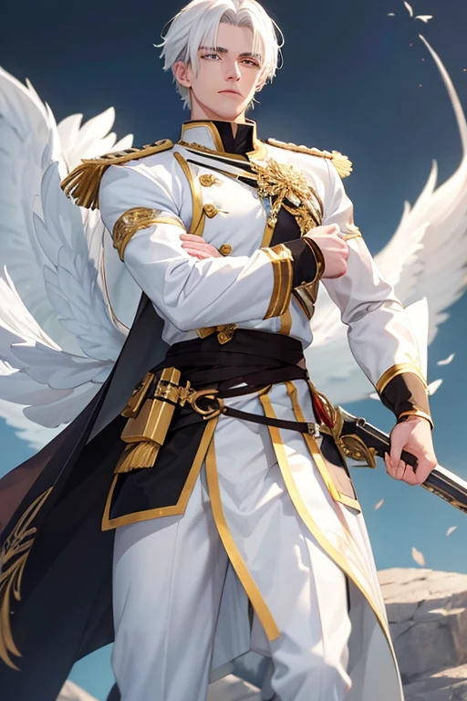 a young handsome man with white hair and yellow eyes with his scaled arms